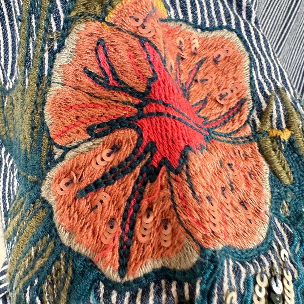 Zara Floral Embroidered Denim Striped Balloon Puff Sleeve Top SMALL - Picture 10 of 12